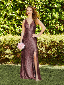 Sequin Fit-And-Flare V-Neck Gown In Mahogany