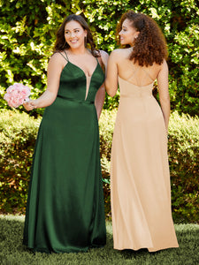 Plunging V-Neck Satin A-Line Gown In Latte