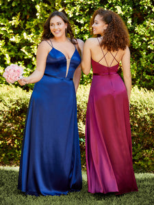 Plunging V-Neck Satin A-Line Gown In Mahogany