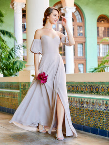 Chiffon And Tulle Illusion A-Line Gown In Morganite