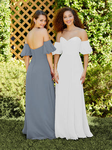 Chiffon A-Line Dress With Detachable Puff Sleeves In Ivory