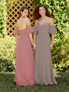 Chiffon A-Line Dress With Detachable Puff Sleeves In Mink