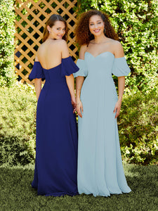 Chiffon A-Line Dress With Detachable Puff Sleeves In Royal