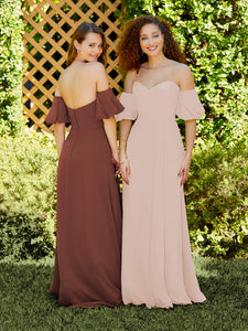 Chiffon A-Line Dress With Detachable Puff Sleeves In Marsala