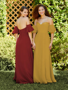 Chiffon A-Line Dress With Detachable Puff Sleeves In Ochre