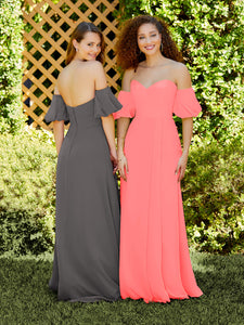 Chiffon A-Line Dress With Detachable Puff Sleeves In Coral