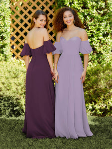 Chiffon A-Line Dress With Detachable Puff Sleeves In Aubergine
