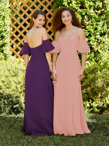 Chiffon A-Line Dress With Detachable Puff Sleeves In Royal Purple
