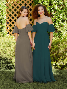 Chiffon A-Line Dress With Detachable Puff Sleeves In Teal