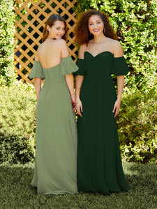 Chiffon A-Line Dress With Detachable Puff Sleeves In Hunter Green