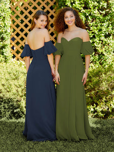 Chiffon A-Line Dress With Detachable Puff Sleeves In Artichoke