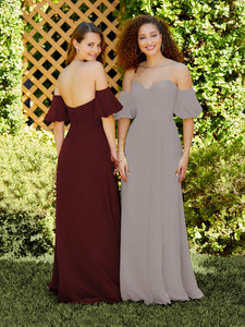 Chiffon A-Line Dress With Detachable Puff Sleeves In Mahogany