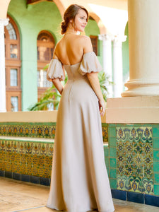 Chiffon A-Line Dress With Detachable Puff Sleeves In Morganite