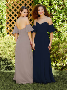 Chiffon A-Line Dress With Detachable Puff Sleeves In Navy