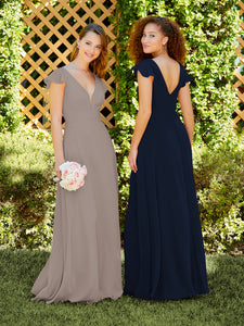 Chiffon Flutter Sleeve A-Line Gown In Navy