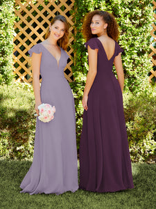 Chiffon Flutter Sleeve A-Line Gown In Aubergine