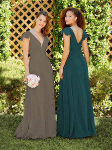 Chiffon Flutter Sleeve A-Line Gown In Teal