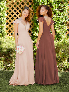 Chiffon Flutter Sleeve A-Line Gown In Rose Water