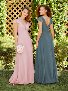 Chiffon Flutter Sleeve A-Line Gown In Pima Pink