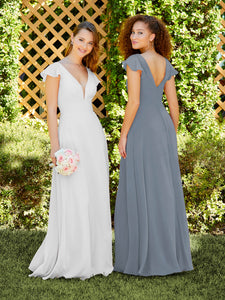Chiffon Flutter Sleeve A-Line Gown In Misty Blue