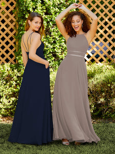 Chiffon And Tulle A-Line Halter Gown In Navy