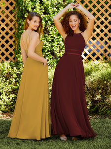 Chiffon And Tulle A-Line Halter Gown In Ochre