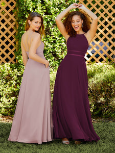Chiffon And Tulle A-Line Halter Gown In Sangria