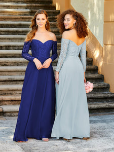 Long Sleeve Lace And Chiffon A-Line Gown With Pockets In Royal
