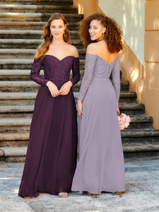 Long Sleeve Lace And Chiffon A-Line Gown With Pockets In Lilac