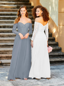 Long Sleeve Lace And Chiffon A-Line Gown With Pockets In White