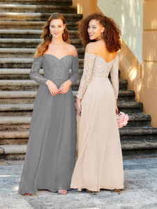 Long Sleeve Lace And Chiffon A-Line Gown With Pockets In Blush Pink