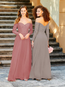 Long Sleeve Lace And Chiffon A-Line Gown With Pockets In Mauve