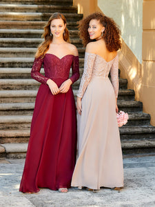 Long Sleeve Lace And Chiffon A-Line Gown With Pockets In Claret