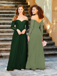 Long Sleeve Lace And Chiffon A-Line Gown With Pockets In Meadow