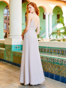 Chiffon And Lace Gown With Side Slit In Ivory