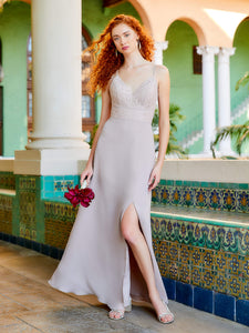 Chiffon And Lace Gown With Side Slit In Ivory