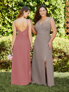 Chiffon And Lace Gown With Side Slit In Mauve
