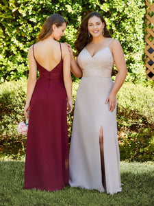 Chiffon And Lace Gown With Side Slit In Claret