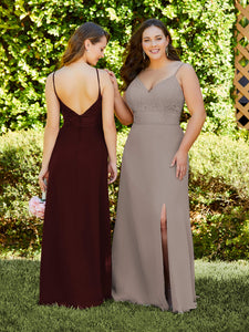 Chiffon And Lace Gown With Side Slit In Mahogany