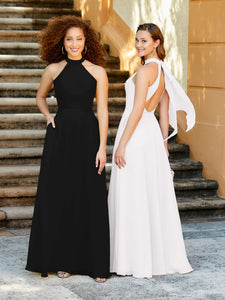 High Neck Chiffon Halter Gown With Pockets In Black
