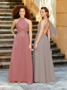High Neck Chiffon Halter Gown With Pockets In Mink