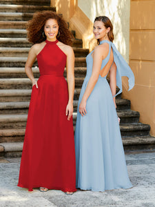 High Neck Chiffon Halter Gown With Pockets In Sky Blue