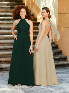 High Neck Chiffon Halter Gown With Pockets In Emerald Green