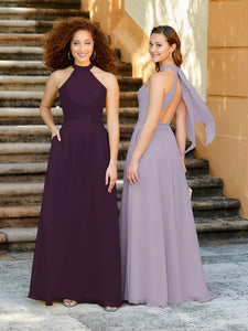 High Neck Chiffon Halter Gown With Pockets In Aubergine