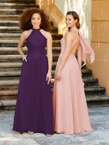 High Neck Chiffon Halter Gown With Pockets In Royal Purple