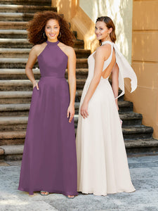 High Neck Chiffon Halter Gown With Pockets In Wisteria