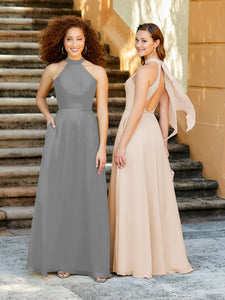 High Neck Chiffon Halter Gown With Pockets In Blush Pink