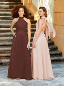 High Neck Chiffon Halter Gown With Pockets In Rose Water