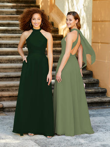 High Neck Chiffon Halter Gown With Pockets In Hunter Green