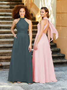 High Neck Chiffon Halter Gown With Pockets In Pima Pink
